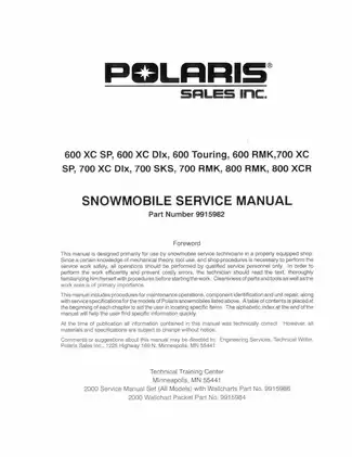 2000 Polaris 600 XC SP, 600 XC DLX 45th Anniversary, 600 Touring, 700 XC SP, 700 XC DLX 45th Anniversary, 700 SKS, 600 RMK, 700 RMK, 800 RMK, 800 XCR service manual Preview image 3