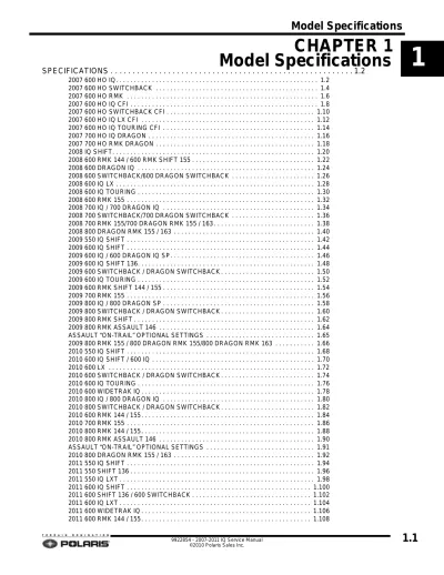 2007–2011 Polaris IQ, HO, Switchback, RMK, CFI, LX, Touring, Dragon, Shift, Widetrak, Assault Snowmobile Service Manual (P/N 9922854)