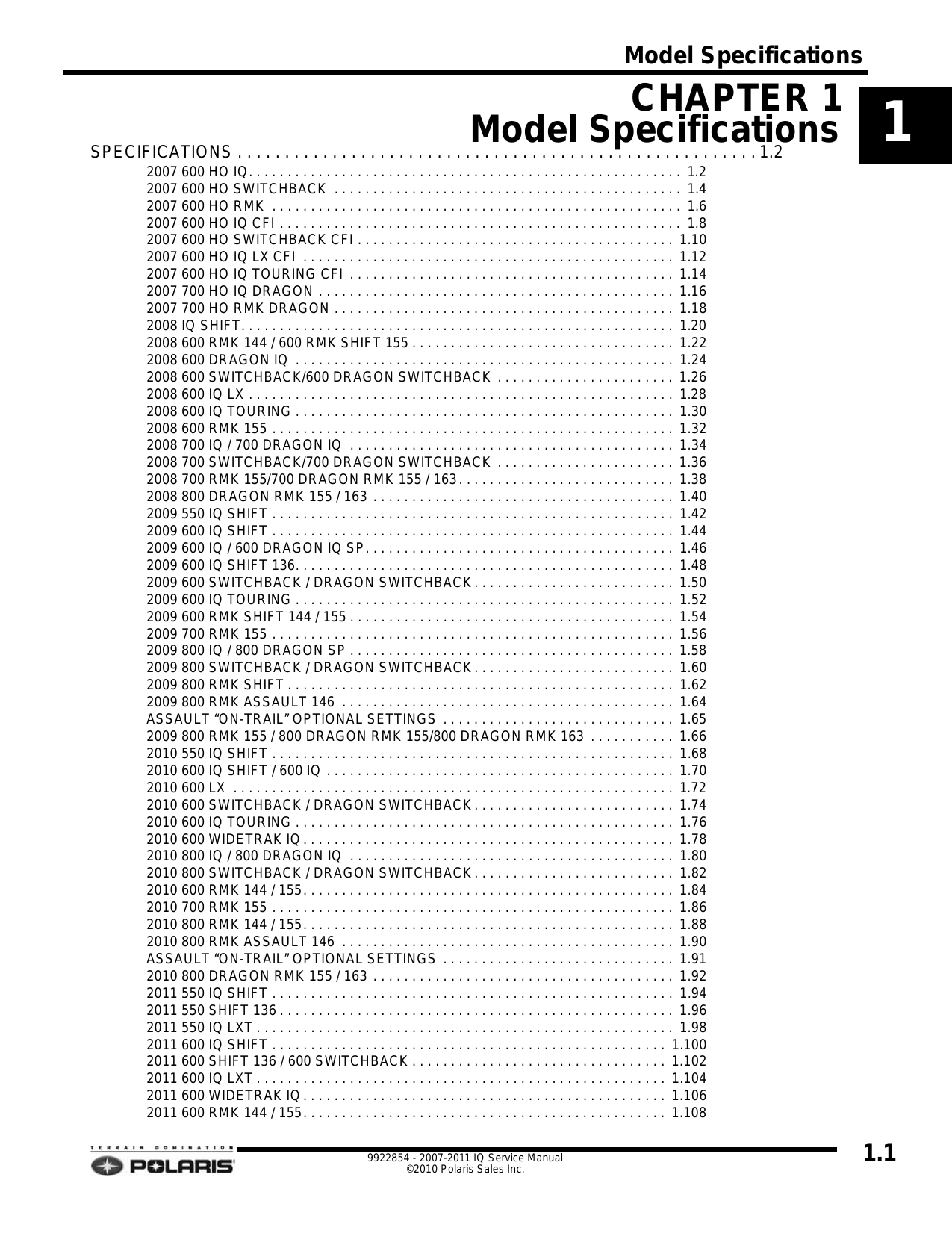 2007-2011 Polaris IQ, HO, Switchback, RMK, CFI, LX, Touring, Dragon, Shift, Widetrak, Assault, 136, 144, 155, 146, 163, 600, 700, 800, 550 repair manual Preview image 1