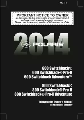 Polaris Switchback Snowmobile Owner's Manual (2014)
