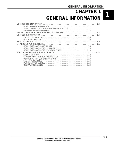 Polaris Ranger 400 & 500 EFI Midsize 2013 Service Manual (P/N 9923949)