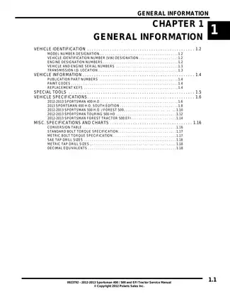 2012-2013 Polaris Sportsman 400/500 EFI Tractor Service Manual