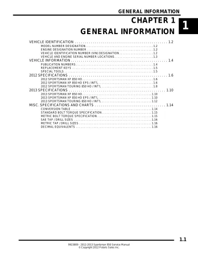 2012–2013 Polaris Sportsman 850 ATV Factory Service Manual (P/N 9923809)