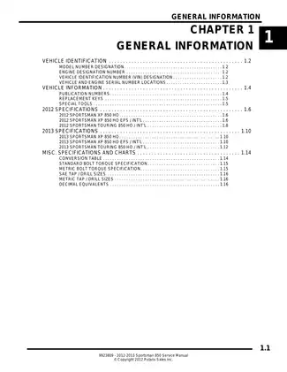 2012-2013 Polaris Sportsman 850 Service Manual
