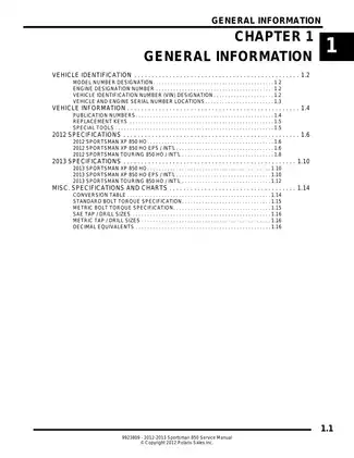 2012-2013 Polaris™ Sportsman XP 850 HO,  XP 850 HO EPS / INTL, Touring 850 HO / INTL, XP 850 HO, XP 850 HO EPS / INTL, Touring 850 HO / INTL manual Preview image 1