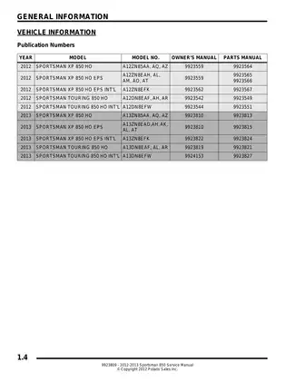 2012-2013 Polaris Sportsman 850 Service Manual Preview image 4