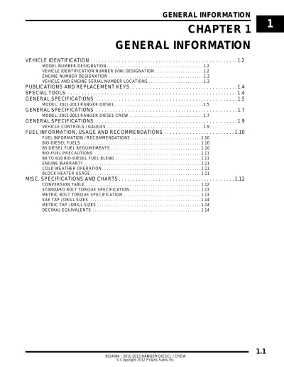 2011–2013 Polaris Ranger Diesel / Crew Factory Service & Repair Manual (P/N 9924084)
