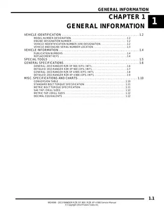 2013 Polaris Ranger RZR XP 900 Workshop Manual & Service Guide