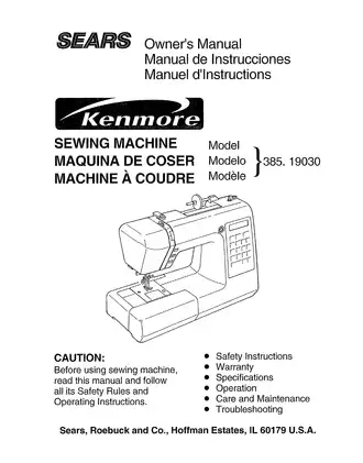 Sewing Machine Owner's Manual - Model 19030 (English, Spanish, French)
