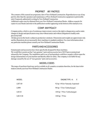 New Holland LB75B, LB90, LB110, LB115B backhoe loader service manual