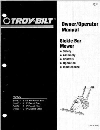Preview: Troy-Bilt Sickle Bar Mower 34032 / 34033 / 34034 / 34035 Owner's Manual (P/N 1770416)