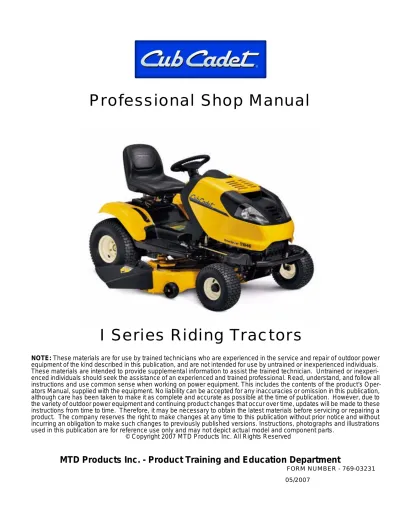 Preview: 2007 Cub Cadet I-Series i1042 / i1046 / i1050 Repair Manual (P/N 769-03231)