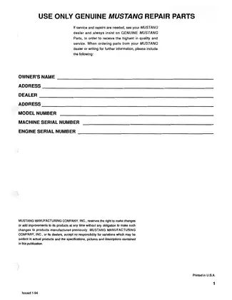 Mustang Loader Parts Manual - 940 Series (Revised January 1994) Preview image 3