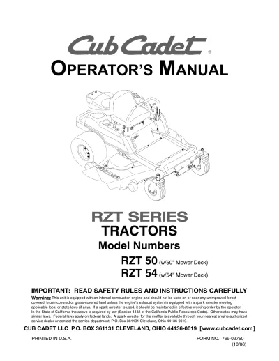 Preview: 2006 Cub Cadet RZT 50 / RZT 54 Zero-Turn Tractors Owner's Manual (P/N 769-02750)