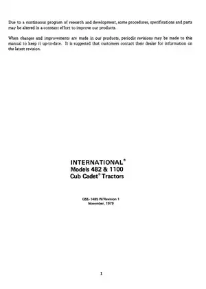 International Cub Cadet Tractors Models 482 & 1100 Service Manual (1979 Revision) Preview image 3