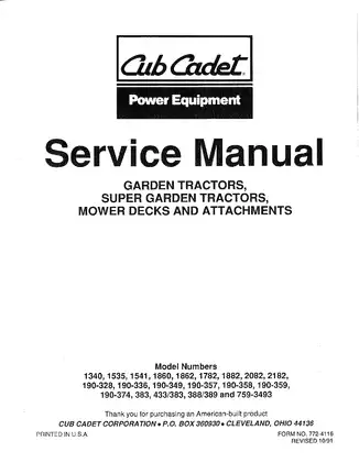 Cub Cadet Garden Tractors Service Manual (1990-1991) Preview image 2