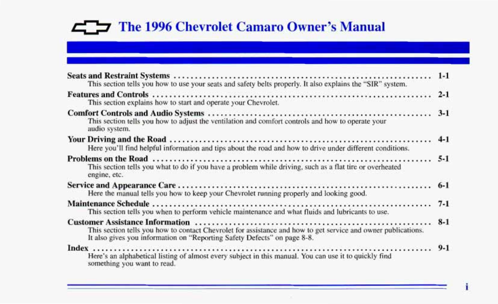 1996 Chevrolet Camaro owners manual Preview image 2