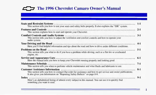 1996 Chevrolet Camaro Owner’s Manual - Comprehensive Guide Preview image 2