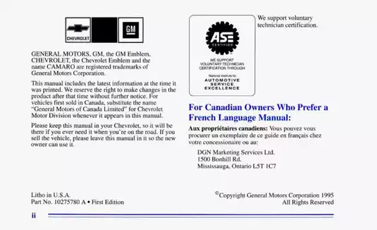 1996 Chevrolet Camaro Owner’s Manual - Comprehensive Guide Preview image 3