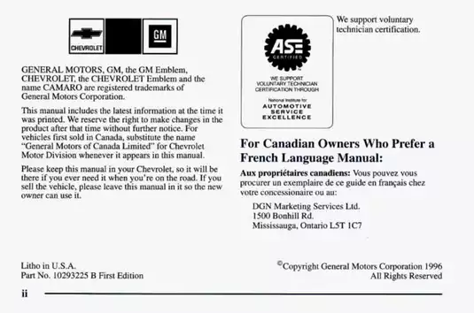 1997 Chevrolet Camaro Owner’s Manual - Comprehensive Guide to Safety and Maintenance Preview image 4