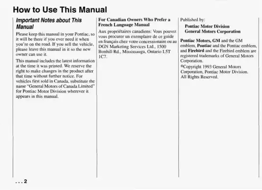 1994 Pontiac Firebird Owner's Manual - Comprehensive Guide for Your Vehicle Preview image 3