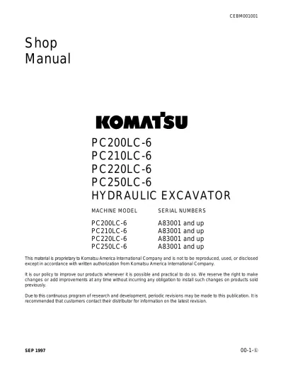 Preview: 1997 Komatsu PC200LC-6, PC210LC-6, PC220LC-6, and PC250LC-6 Shop Manual (P/N CEBM001001)
