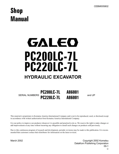 Preview: Komatsu PC200LC-7 & PC220LC-7 Hydraulic Excavator Factory Shop Manual (P/N CEBM005802)