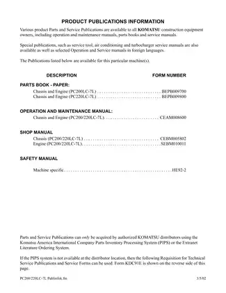 Komatsu PC200LC-7 & PC220LC-7 Excavator Service Manual Preview image 4