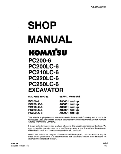Preview: Komatsu PC200-6, PC200LC-6, PC210LC-6, PC220LC-6, and PC250LC-6 1996 Excavator Shop Manual (P/N CEBMX20601)