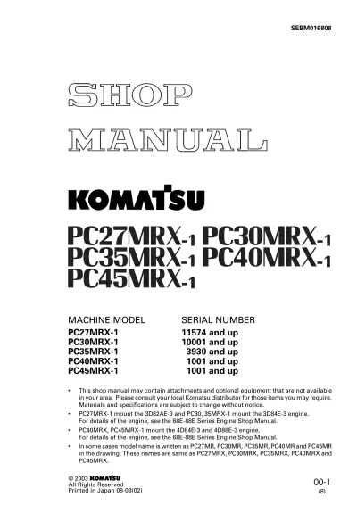 Preview: Komatsu PC27MRX–PC45MRX Excavator Shop Manual (P/N SEBM016808)