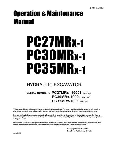 Preview: 2002 Komatsu PC27MRx-1 / PC30MRx-1 / PC35MRx-1 Operation & Maintenance Manual (P/N SEAM035305T)