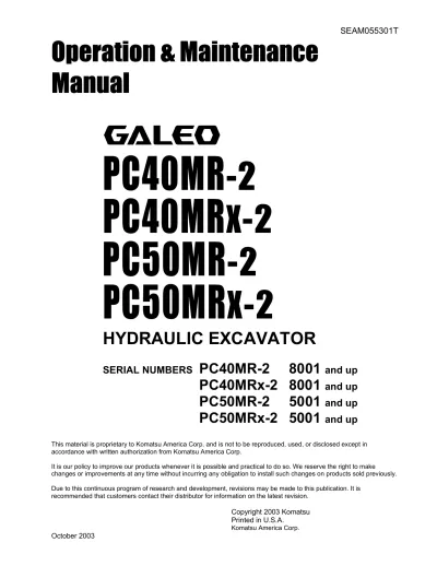 Preview: 2003 Komatsu PC40MR-2/PC50MR-2 Hydraulic Excavator Operation and Maintenance Manual (P/N SEAM055301T)