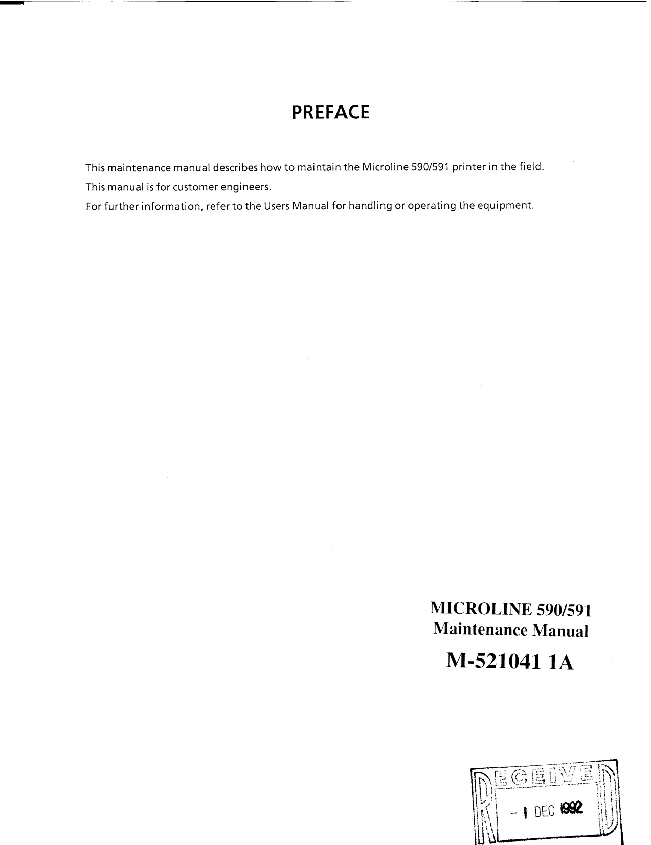Okidata Microline 590, 591 dot matrix printer  service guide Preview image 2