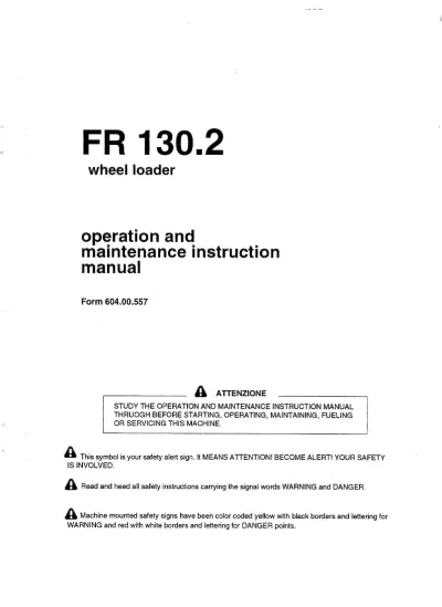 Preview: 1991–2001 Fiat-Hitachi FR 130.2 Wheel Loader Operation and Maintenance Manual (P/N 604.00.557)