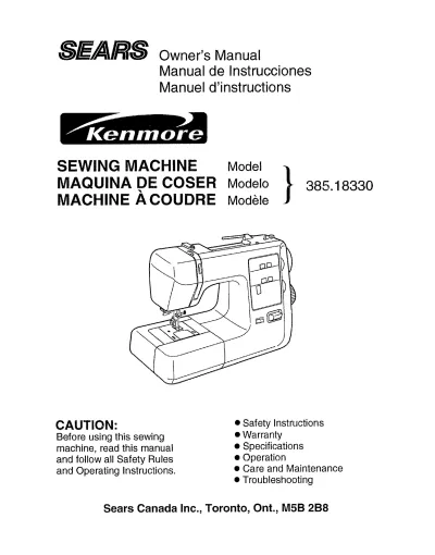 Preview: Kenmore 385.18330 Sewing Machine Owner's Manual (P/N 756-800405)