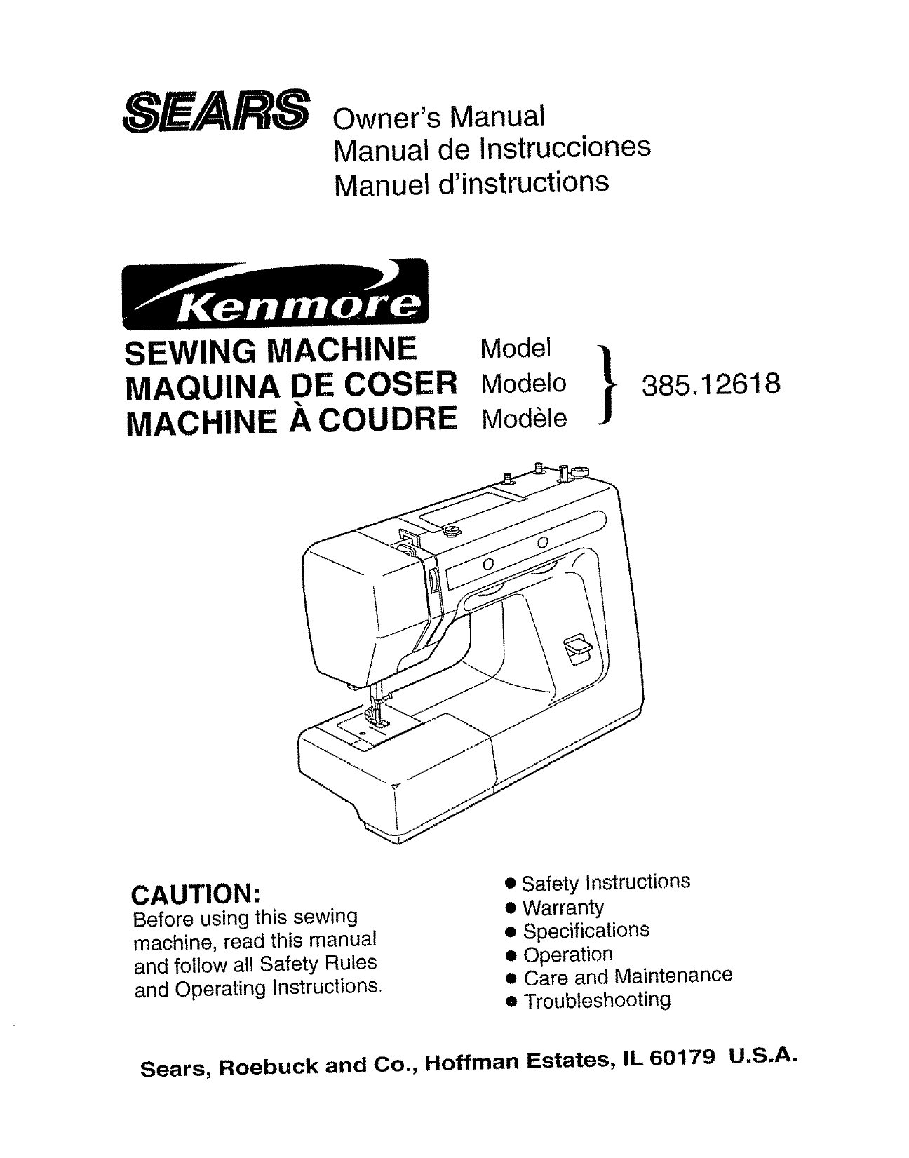 Kenmore 385.12618890 385.12618 sewing machine owner´s manual Preview image 1