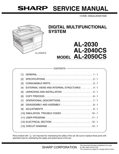 Preview: Sharp AL-2030 / AL-2040CS / AL-2050CS Service Manual (P/N 00ZAL2040CS2E)
