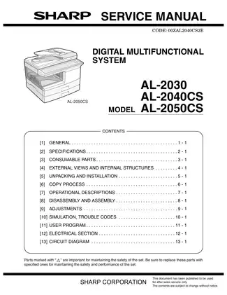 Sharp AL-2030, AL-2040CS, AL-2050CS multifunction printer (MFP) service guide Preview image 1
