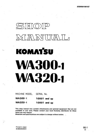 1988–1994 Komatsu WA300-1, WA320-1 Wheel Loader Shop Manual (PN 05–88(03)05251))