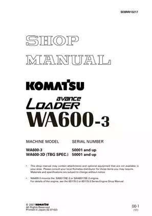 Komatsu WA600-3, WA600-3D Avance wheel loader shop manual Preview image 1