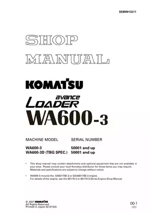 Komatsu WA600-3 & WA600-3D Shop Manual - Comprehensive Guide for Maintenance and Repair Preview image 1