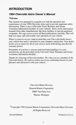 1994 Chevrolet Astro Owner's Manual - Comprehensive Guide for Safe Operation & Maintenance Preview image 3