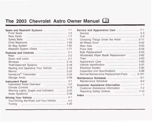 2003 Chevrolet Astro Owner's Manual - Comprehensive Guide to Safety Restraint Systems and Driving Features Preview image 2