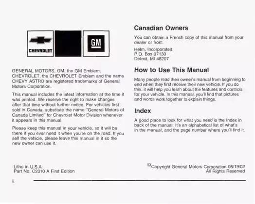 2003 Chevrolet Astro Van owners manual Preview image 3