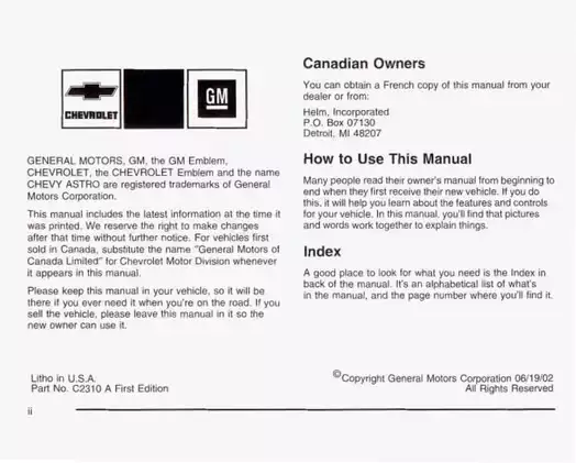 2003 Chevrolet Astro Owner's Manual - Comprehensive Guide to Safety Restraint Systems and Driving Features Preview image 3