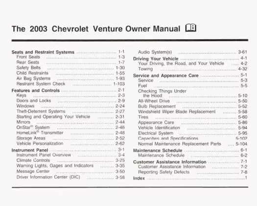 2003 Chevrolet Venture owners manual Preview image 2