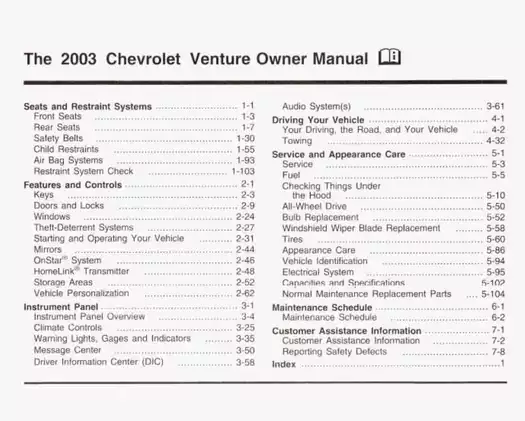 2003 Chevrolet Venture Owner Manual - Comprehensive Guide for Safe Driving Preview image 2