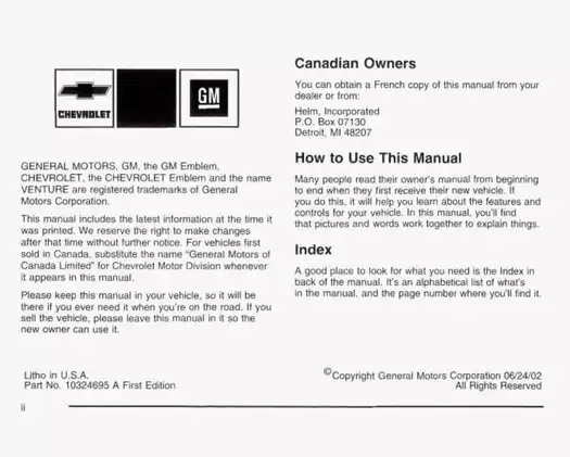 2003 Chevrolet Venture owners manual Preview image 3