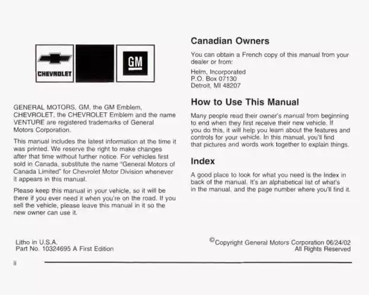 2003 Chevrolet Venture Owner Manual - Comprehensive Guide for Safe Driving Preview image 3