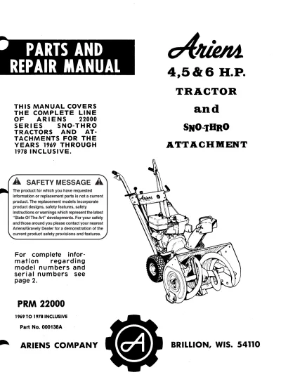 Preview: 1969–1978 Ariens 22000 Series Sno-Thro Parts & Service Manual (P/N 000138A)